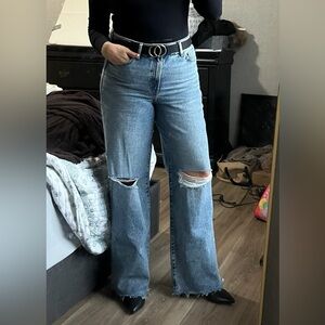 Express Light Blue Flare Jeans with Distressed Knees